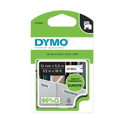 Bild av DYMO D1 tejp Permanent Polyester 12 mm x 5.5 m kassett, svart på vit