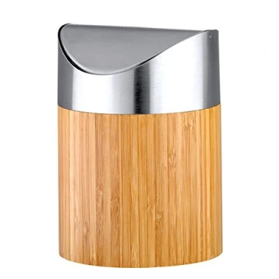 Bild av Axentia Bonja Kosmetisk soptunna gjord av bambu och rostfritt stål matt borstad svänglock liten kosmetika med insats badrum 0,8 liter silver/träfärg 12 x 16,5 cm