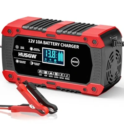 Bild av 10 Amp billaddare, 12 V 7 stegs laddning bil smart LCD skärm underhåll/pulsreparation batteriladdarpaket för bil, motorcykel, blysyra/litiumbatterier och AGM.