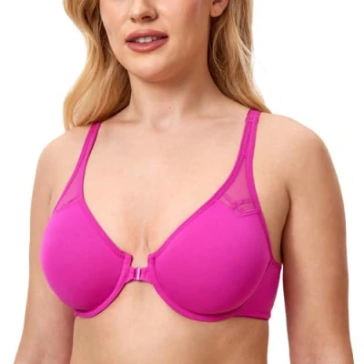 Bild av DELIMIRA Dam frontknäppning brottarrygg BH plus size full täckning stödjande bygel dopp ofodrad BH, Hibiskus lila, 85D