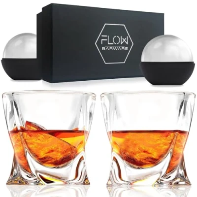 Bild av FLOW Barware Twist whiskyglas set med 2 vriden design presentset perfekta tunga dricksglas för Scotch, Bourbon Gin &amp; Tonic Negroni cocktails