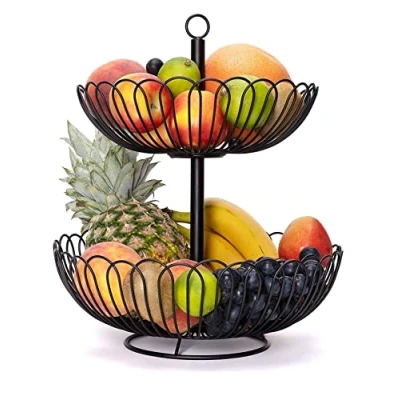 Bild av Chefarone 2 nivåer fruktskål stor korg ? håller frukt och grönsaker färska grönsaksstativ vintage stil svart bänkskiva metall fruktskålar för köket (33 x 33 38,5 cm) grönsaksförvaring