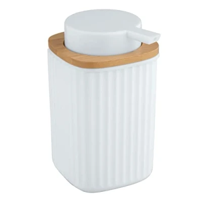 Bild av WENKO Tvåldispenser Rotello, påfyllningsbar dispenser för 250 ml flytande tvål, tillverkad av högkvalitativ plast med detaljer bambu, även lämplig diskmedel, 8,9 x 12,7 7,5 cm, vit/natur