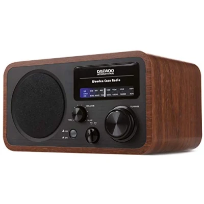 Bild av DRP 134 analog AM/FM radio, enkel inställning med vridknapp, akustisk låda av trä, integrerad högtalare, strömförsörjning AC 230 V