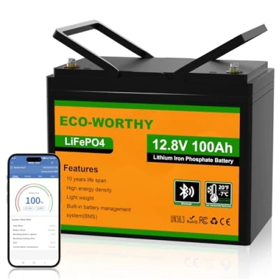 Bild av ECO WORTHY Bluetooth litiumbatteri, 12 V, 100 AH, LiFePO4 batteri med lågtemperaturskydd, intelligent BMS, 1 280 Wh energi, för husvagnar, solsystem, linefiske