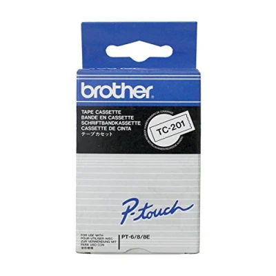Bild av Brother TC201 laminerat band bredd 12 mm längd 7,7 m svart text på vit bakgrund