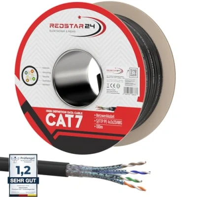 Bild av RedStar24 100m Cat7 Jordkabel Installationskabel Utomhus LAN Kabel Svart AWG23/1 CAT 7 S/FTP Ethernet Nätverk 1000MHz Skärmad Datakabel Nätverkskabel för Utomhusbruk UV resistent