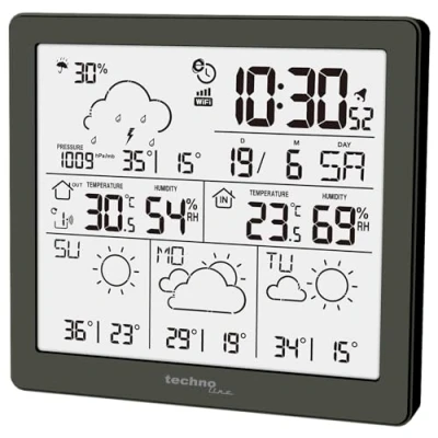 Bild av WD2200 väderstation med 3 dagars väderprognos, inklusive externa sändare, data på stationen och mobiltelefonen (pp direct weather)