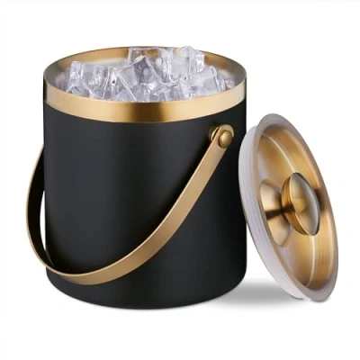 Bild av Relaxdays Isbitsbehållare, rostfritt stål, dubbelväggig, ishink med lock och handtag, 1,5 l, isbitskorna, svart/guld