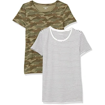 Bild av Amazon Essentials Women&#039;s Kortärmad T shirt med rund hals klassisk passform, Pack of 2, Olivgrön Kamouflage/Vit Rand, L