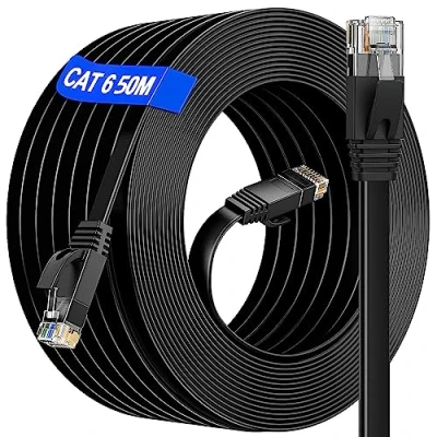 Bild av Cat 6 50 m LAN kabel meter svart, platt nätverkskabel katt utomhus inomhus Gigabit Ethernet 10 100 1 000 Mbit s RJ45 patchkabel Wlan för router switch PS4/5,