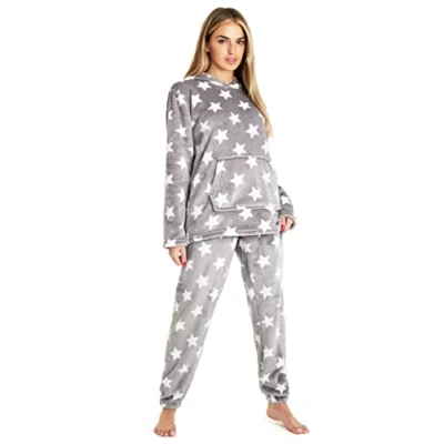 Bild av CityComfort Pyjamas för kvinnor, fluffig fleece dam pyjamas, myskläder set, Grå stjärna, XL