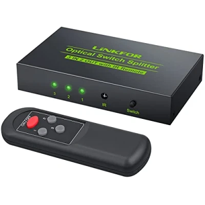 Bild av Ljudoptisk omkopplare, LiNKFOR 3x2 Toslink SPDIF digital fiberoptisk ljudbrytare med fjärrkontroll Switch Audio LPCM2.0 DTS Dolby AC3 optisk kabel