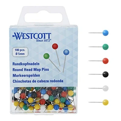 Bild av WESTCOTT Runda huvudnålar, 100 stycken, 5 mm diameter, 16 lång, blandade färger, E 10500 00