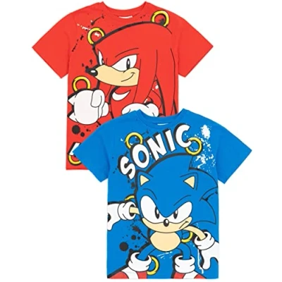 Bild av Sonic The Hedgehog T Shirt 2 Pack Barn Pojkar Flickor Knuckles Spel Film Karaktärer Blå och Röd Topp Merchandise gåvor till honom henne