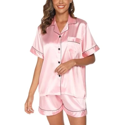 Bild av Reliwel satinpyjamas, dam, kort med knappslå V ringning, pyjamas, tvådelad, pyjamas set, siden, nattkläder, kortärmad, sommar, skjortpyjamas, hemmadräkt SXXL, ROSA, M