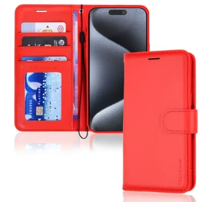 Bild av TECHGEAR iPhone 15 Pro Max läderplånboksfodral, flip skyddsfodral med plånbok korthållare, stativ och handledsrem rött PU läder magnetisk stängning designad för 6,7 tum