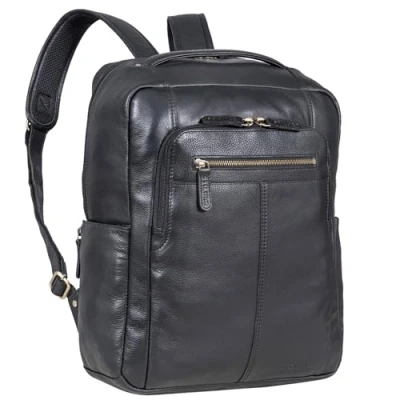 Bild av STILORD &quot;Guido&quot; exklusiv affärs läderryggsäck med laptopfack 15,6 tum vintage Ryggsäck av högkvalitativt äkta läder tidlös design, svart, L,