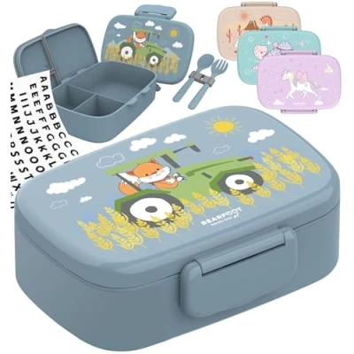 Bild av BEARFOOT Lunchlåda för barn med fack, BPA fri, lunchlåda, bentolåda, matlåda flickor och pojkar, snackslåda, 100 % läckagesäker, vesperlåda dagis, skola (traktorräv)