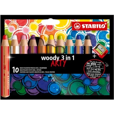 Bild av Multipenna STABILO woody 3 i 1 ARTY Förpackning med 10 blandade färger + Pennvässare