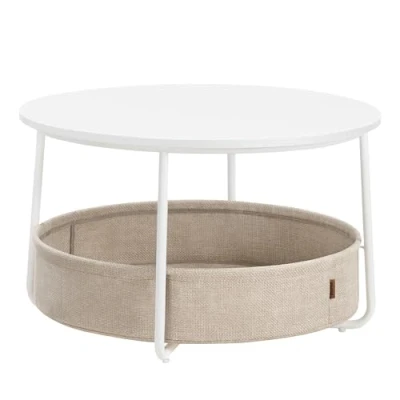 Bild av VASAGLE runt soffbord med förvaring, vardagsrumsbord tygkorg, modern stil, metallram, mattvit och kamelbrun LCT244W10