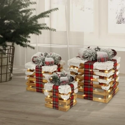 Bild av ECD Germany Set med 3 LED presentaskar, bruna, träsnö, batteridrivna timer, juldekoration julklapp Upplyst julgransdekoration julklappsask Ljusaskar