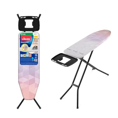 Bild av Vileda Diamond Strykbräda, strykbord för ångstrykstationer, strykyta 120 x 38 cm, titanbelagt stryköverdrag, höjdjusterbart ställ, TÜV godkänd, 3 års garanti, Eco Pack