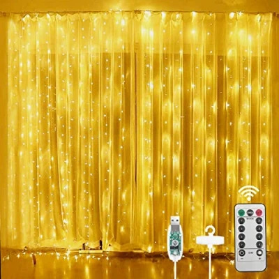 Bild av Aomig Gardinlampor, 3 m x m, 300 LED gardinljusslingor, 8 lägen, ljusslingor, vattentäta fönsterlampor, USB drivna för inomhus, utomhus, sovrum, bröllopsfest, trädgård (varmvit)