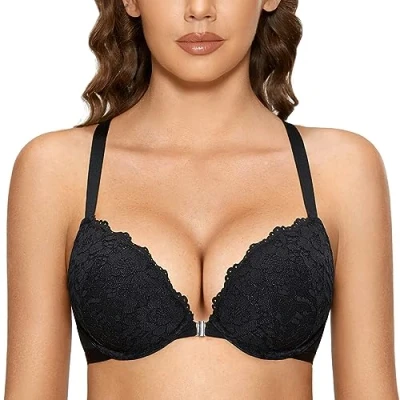 Bild av DOBREVA Kvinnors främre stängning BH med bygel Push Up Lace Halter Racerback djup urringning vadderad Svart 85B