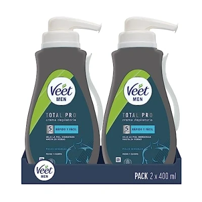 Bild av Veet Mäns hårborttagningskräm för bröst, rygg, armar och ben, känslig hud, grå, 400 ml (förpackning med 2)