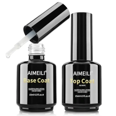 Bild av AIMEILI gel polish topp och basbeläggnings set, 2 x 15 ml blöt av UV LED nagellampa baslack nagellack manikyrset, hemfri, grymhetsfri, vegan, glansig finish långvarig
