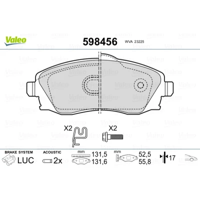 Bild av VALEO 598456 Jeu de plaquettes frein Essieu avant contact signal d&#039;usure inclus avec kit vis fixation, sans tôle anti bruit