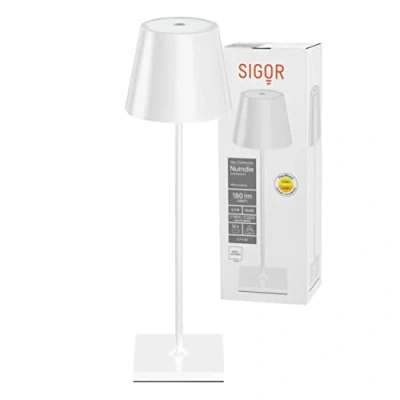 Bild av SIGOR Nuindie Dimbar LED batteribord inomhus och utomhus, IP54 stänksäker, höjd 38 cm, uppladdningsbar med Easy Connect, 12 h ljustid, snövit