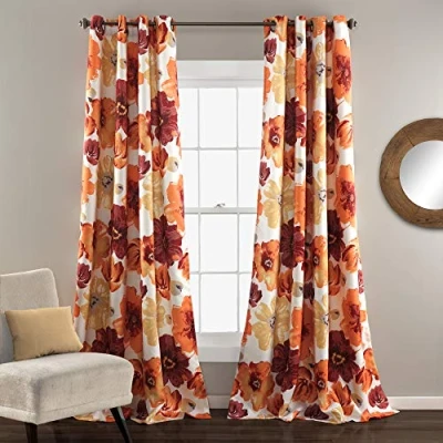 Bild av Frodig dekor Leah blommig isolerad öljett, 132 cm B x 213 L, röd och orange