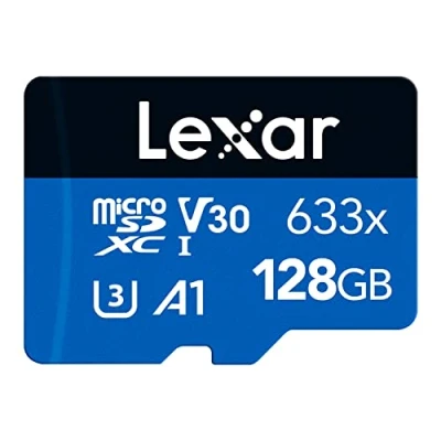Bild av Lexar 633x 128 GB Micro SD Kort, microSDXC UHS I Minneskort, med adapter, upp till 100 MB/s Läsning, A1, C10, U3, V30, TF Kort för Smartphone, Läsplatta och IP kamera (LMS0633128G BNAAA)