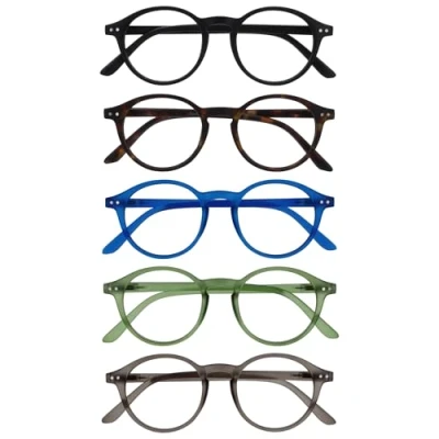 Bild av OPULIZE REY läsglasögon 5 pack retro rund ram matt svart, brun, blå, grön, grå herr dam fjädergångjärn RRRR56 12367 +1,00