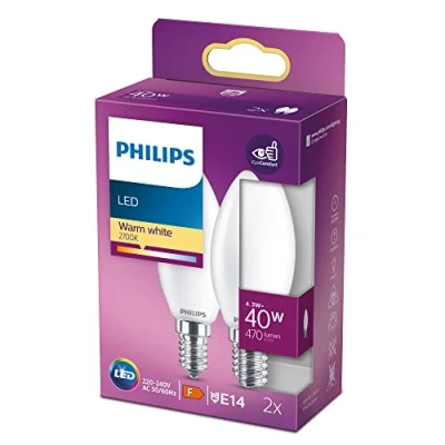Bild av Philips Classic LED ljuskälla, 40W, E14, B35, Frostat glas, varmvitt ljus, 2700 kelvin, 15 000 timmar, Ej dimbar, 2 pack