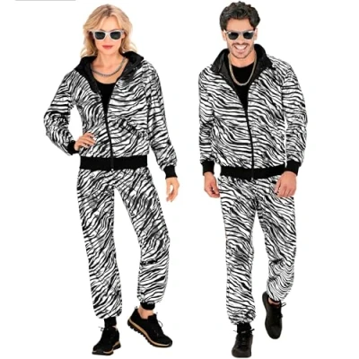 Bild av W WIDMANN Kostym träningsoverall, djurmönster zebra, silvermetalliskt, djurtryck, 80 tals outfit, joggingdräkt, badknappsoutfit, karnevaldräkter