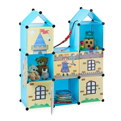 Bild av Relaxdays Hylsa barnrum, cool Riddarburg, plast, barnskåp med dörrar, H x B D: 128 110 37 cm, färgglad