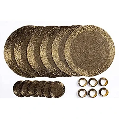 Bild av Penguin Home® set med 18 bordstabletter i glaspärlor, underlägg och servettringar antik guldfärg runda handgjorda av erfarna indiska hantverkare 32,
