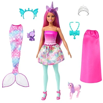 Bild av Mattel Disney Den lilla sjöjungfrun, Ariel, kung Triton och Ursula som dockor, set med tre modedockor i karakteristiska kläder, leksaker inspirerade av filmen HND28