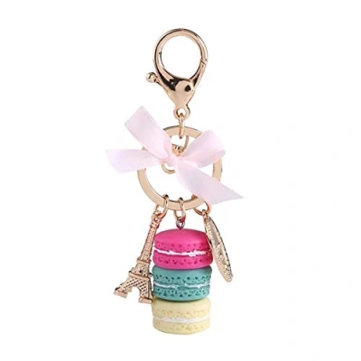 Bild av Nyckelringar Paris Macaroon Eiffeltornet Nyckelring Väska Charms Färgglada guld Metall verktyg för kvinnor Flickor(Rose Red)