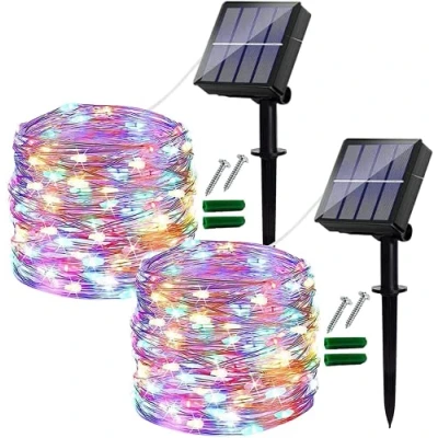 Bild av Ligarko solljusslingor utomhus, 2 pack vardera14 m/46 fot trädgårdslampor soldrivna vattentäta, 120 LED 8 lägen koppartråd dekorativa för träd, trädgård, fest (flerfärgade)
