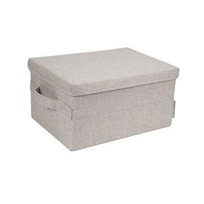 Bild av Bigso Box of Sweden Medium förvaringslåda med lock och handtag Skåplåda i polyester kartong linneutseende vikbar låda för kläder, sängkläder, leksaker etc. beige