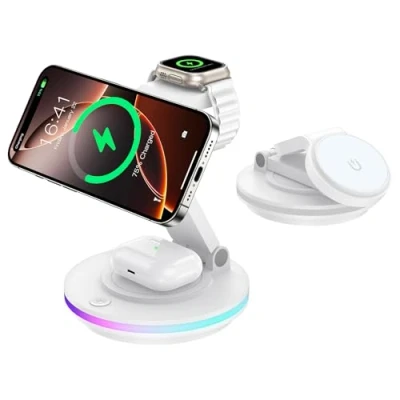 Bild av Mag Safe laddare, 3 i 1 laddningsstation för Apple Watch och iPhone, vikbar, vridbar med ljusinställning, trådlös laddare laddningsstativ iPhone 15/14/13, AirPods (utan adapter) vit