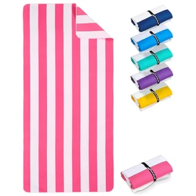 Bild av Strandhandduk XXL mikrofiberbadhandduk stor, lätta och snabbtorkande 100% återvunnen mikrofiberhandduk randig rosa vit 160 cm x 90