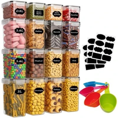 Bild av Withosent Förvaringsburkar, lufttäta set om 16, förvaringslåda för kök med lock av plast, förvaringsbehållare, förvaringsburk, organisatör mjöl, müsli, cornflakes (2 l, 1,6 0,8 l)