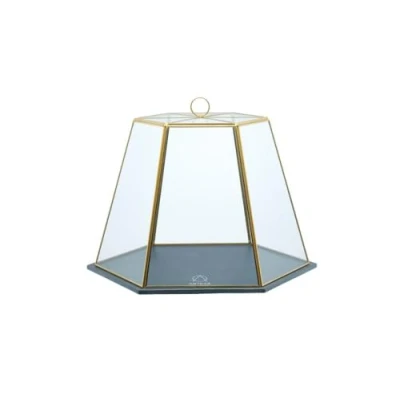 Bild av Artesà Geometrisk kakkupol i glas, ostkupol med lock, skiffer serveringsbräda, 31 x 27,5 25 cm, mässingseffekt