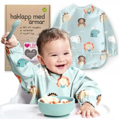 Bild av Nombear ® Baby Avvänjning Bibs med Ärmar 6 Månader och Uppåt Vattentät för Led Avvänjning, Täcka alla Utfodring, Lång ärm Småbarn