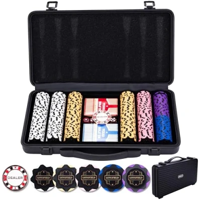 Bild av Engelhart 320950 pokerset svart metallväska 300 marker 14 g utan nummer + 2 kortlekar, 1 dealer knapp, 5 tärningar